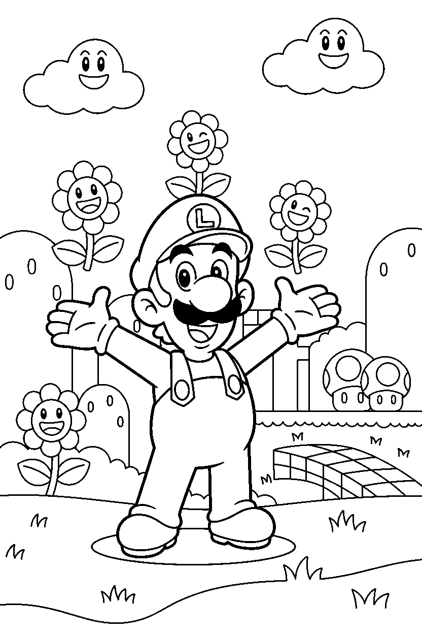 luigi looking happy in a grassy level line art