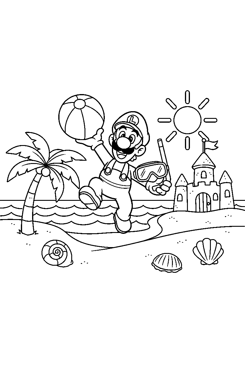 luigi playing happily in a beach level line art