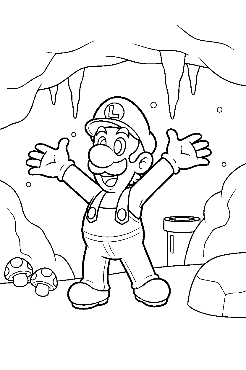 luigi posing happily in a cave level line art