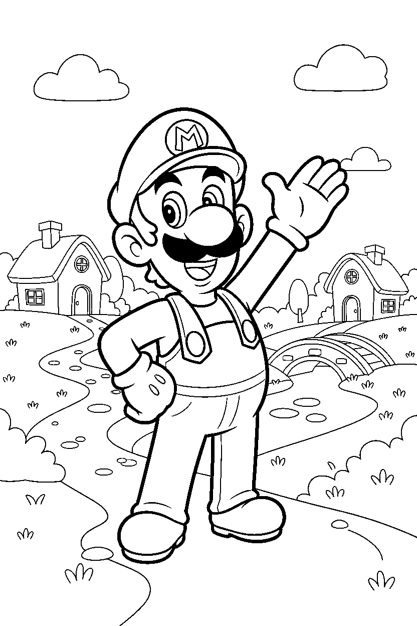 luigi posing happily in a peaceful village line art
