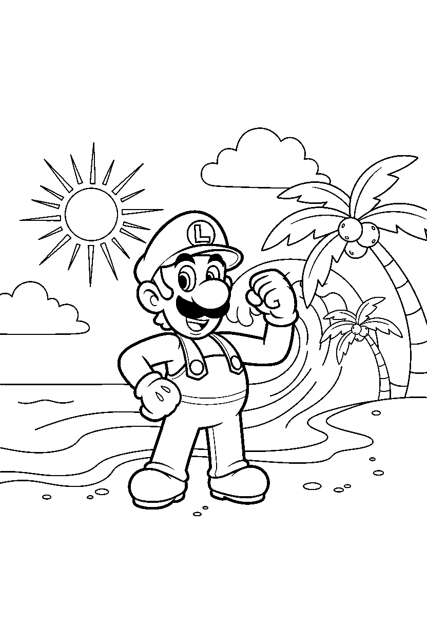luigi posing proudly in a beach level line art