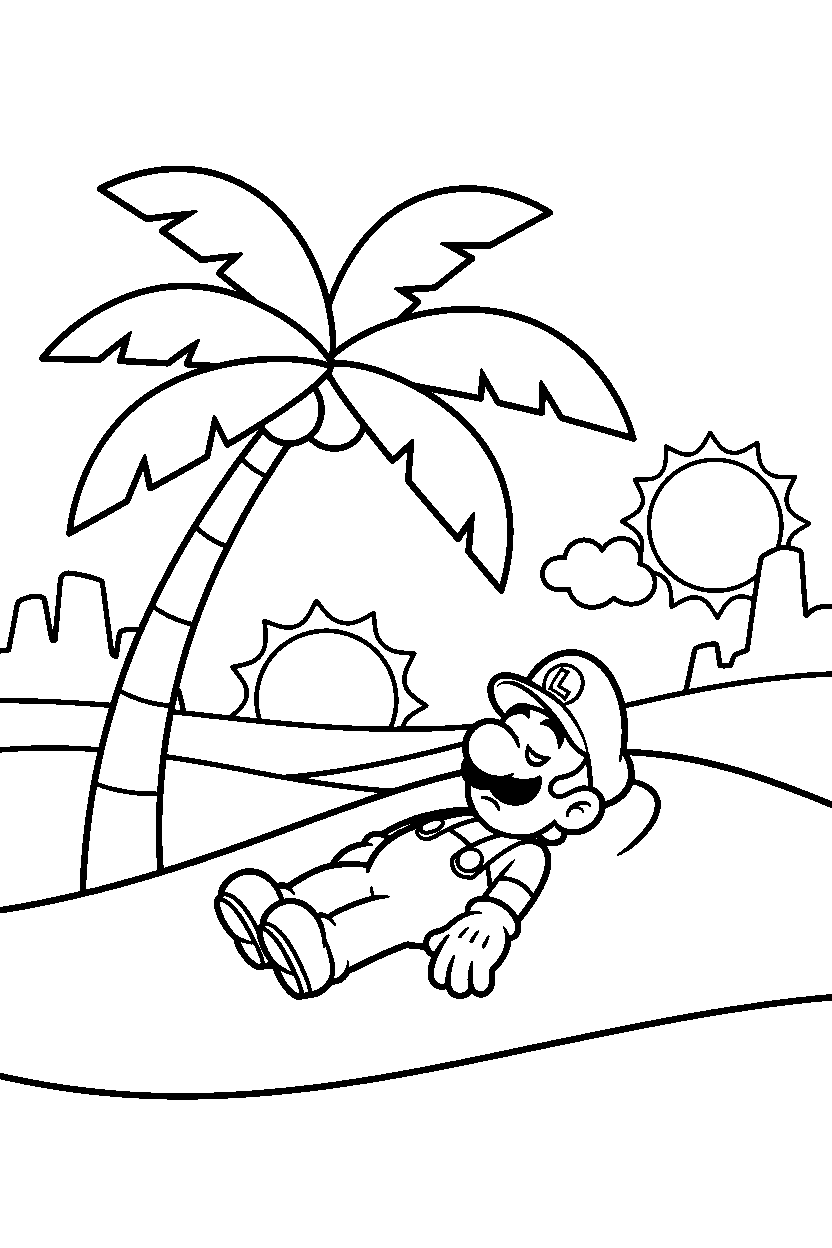 luigi relaxing peacefully in a desert level line art