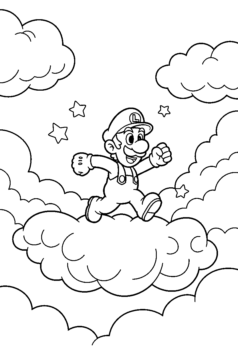luigi running happily in a cloud world line art