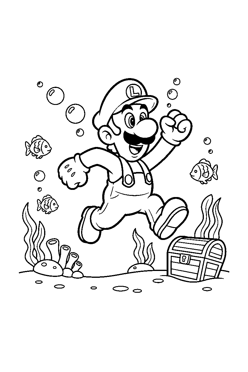 luigi running happily underwater line art