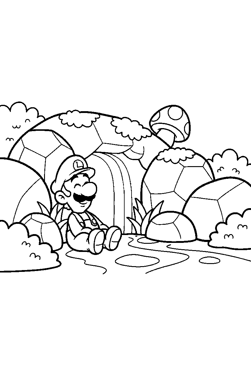 luigi sitting peacefully near a secret area line art