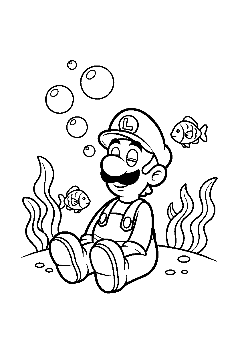 luigi sitting peacefully underwater line art