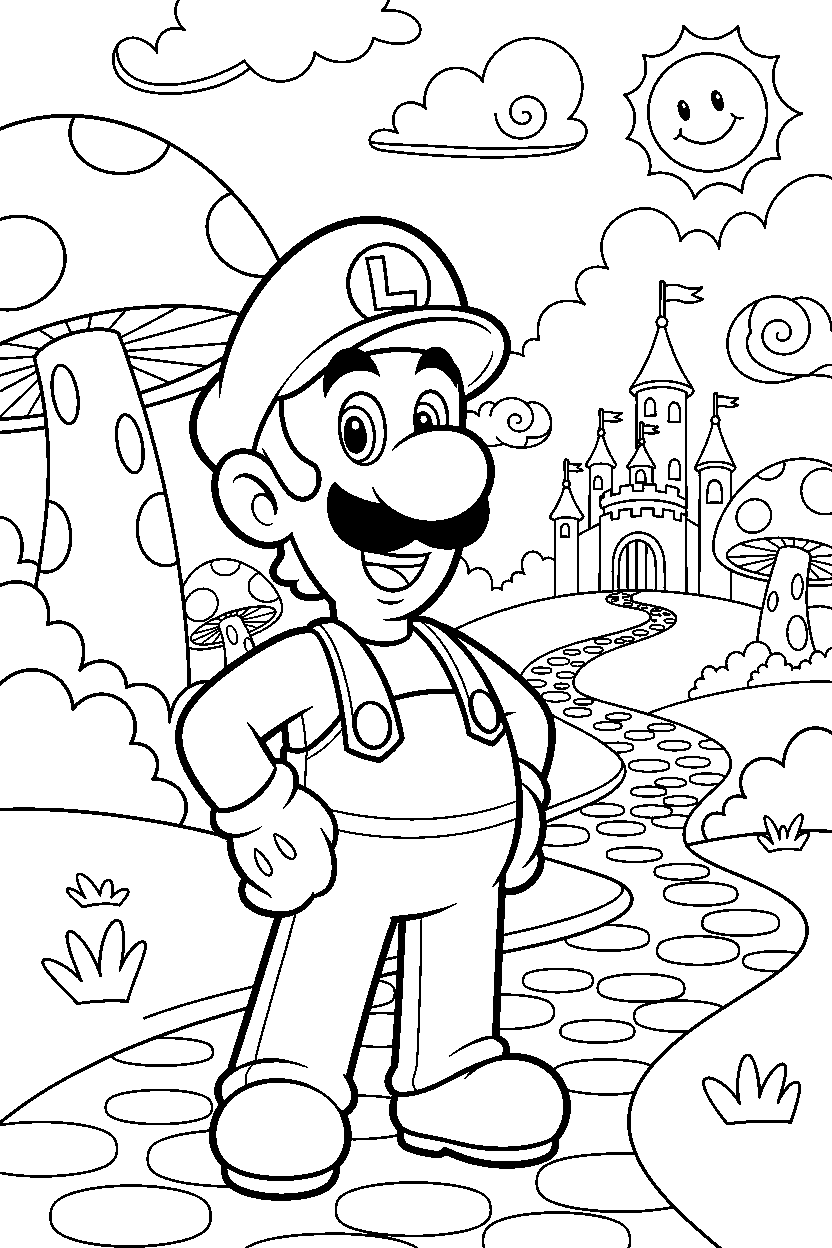 luigi smiling happily in a fantasy land line art
