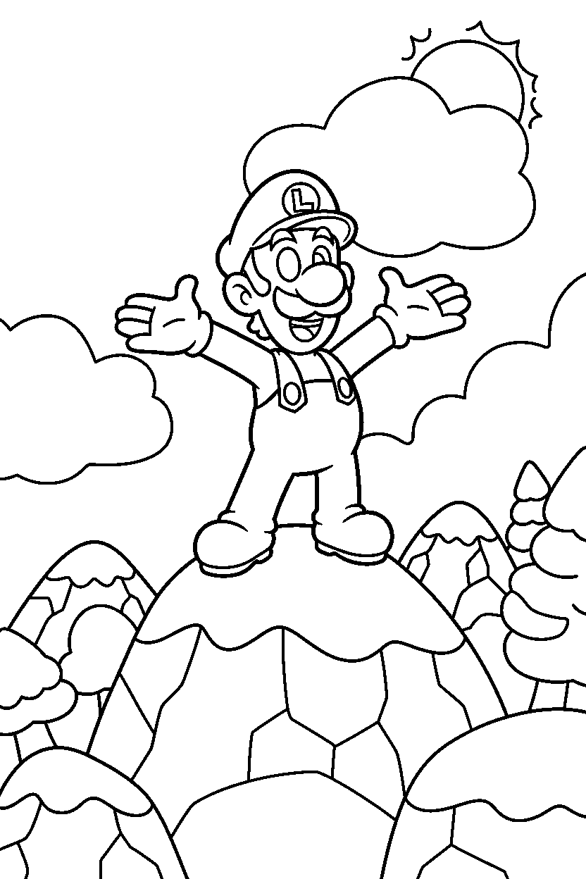 luigi smiling happily on a mountain level line art
