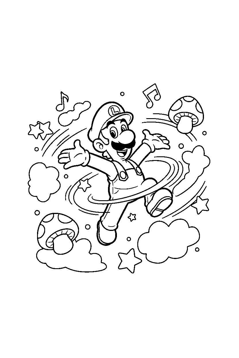 luigi spinning happily in a magical world line art