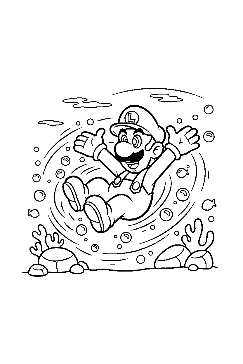 luigi spinning happily underwater line art