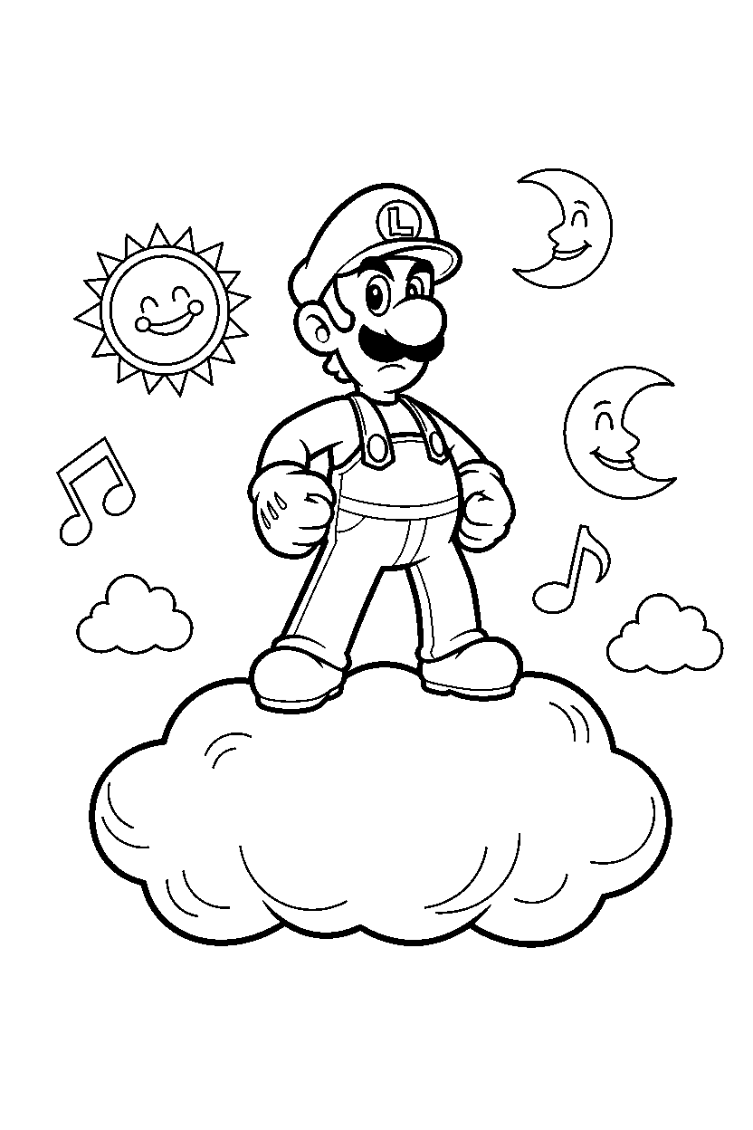 luigi standing bravely in a sky level line art