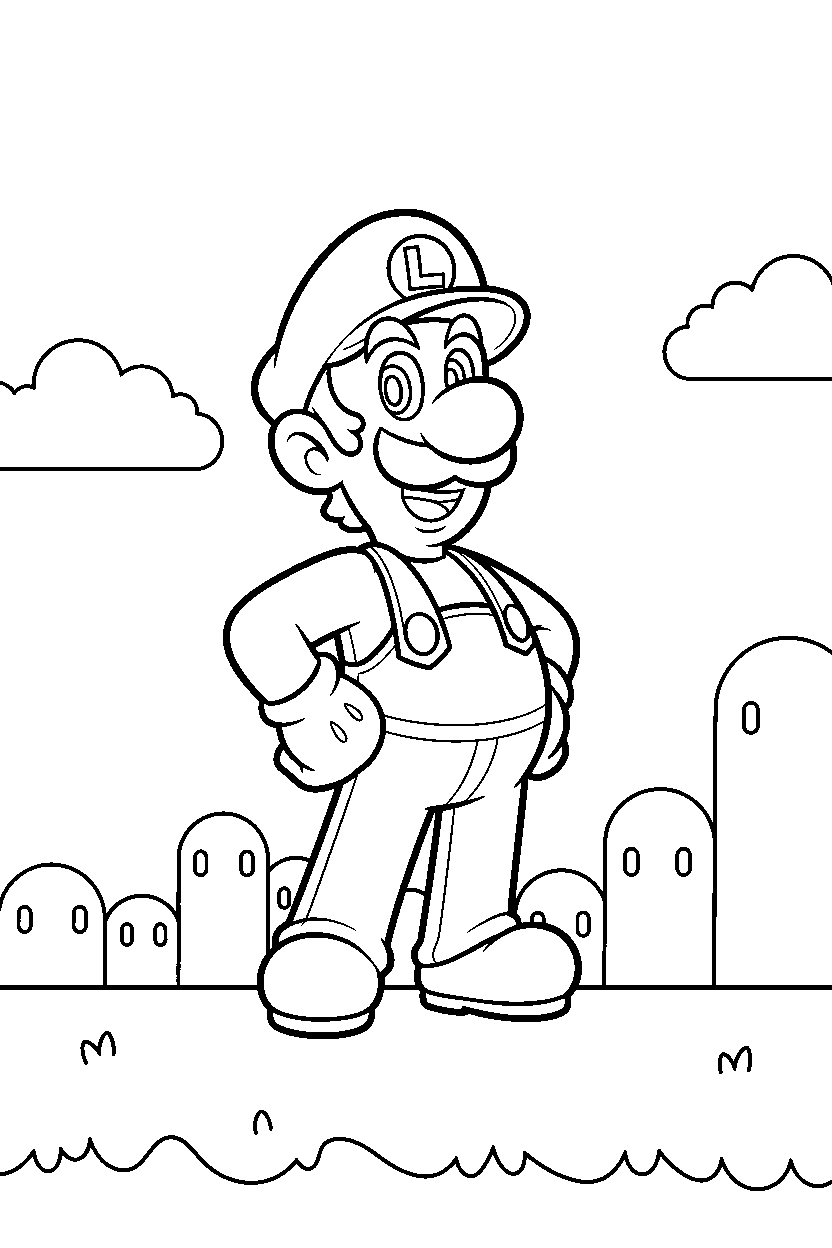 luigi standing proudly in a grassy level line art