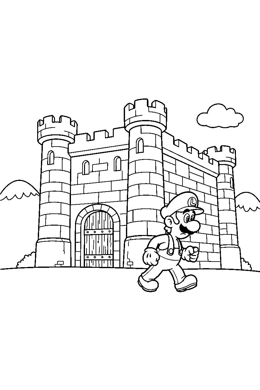 luigi walking carefully near a fortress line art