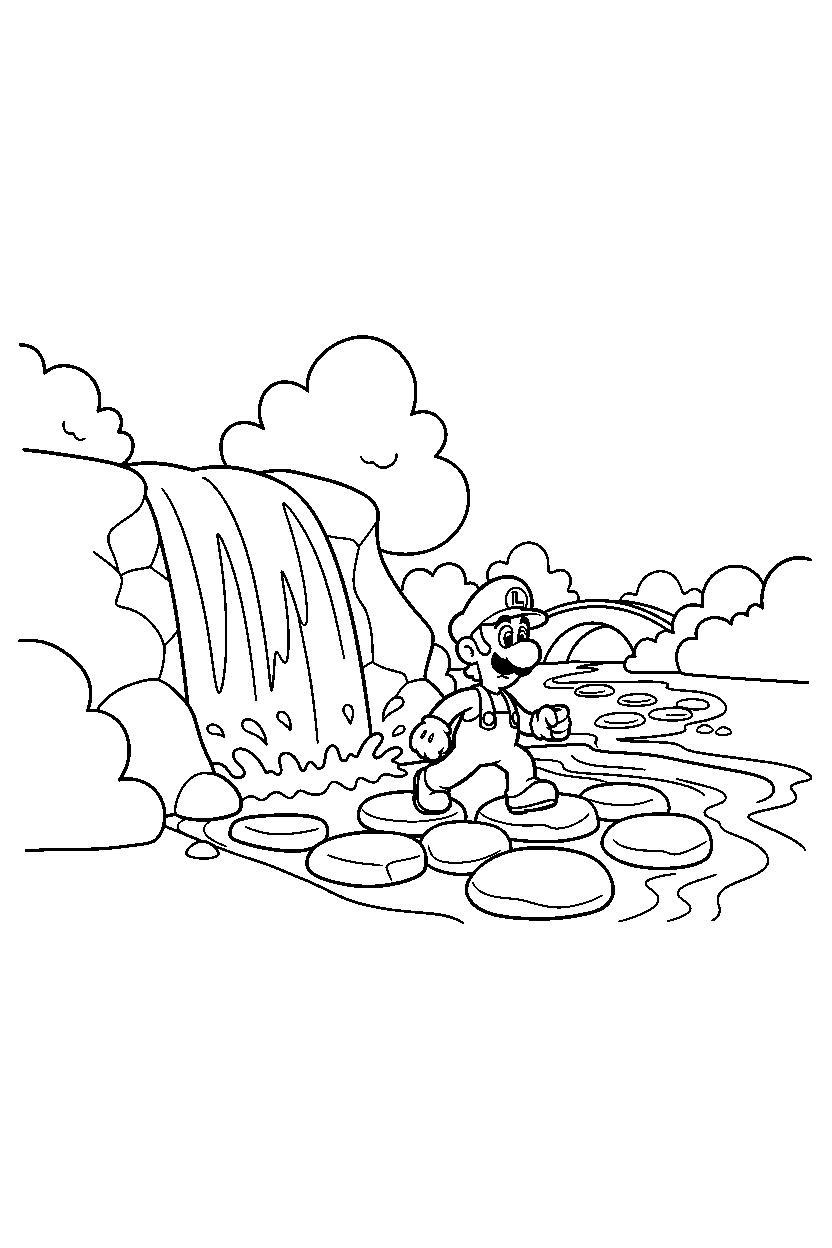 luigi walking carefully near a waterfall line art