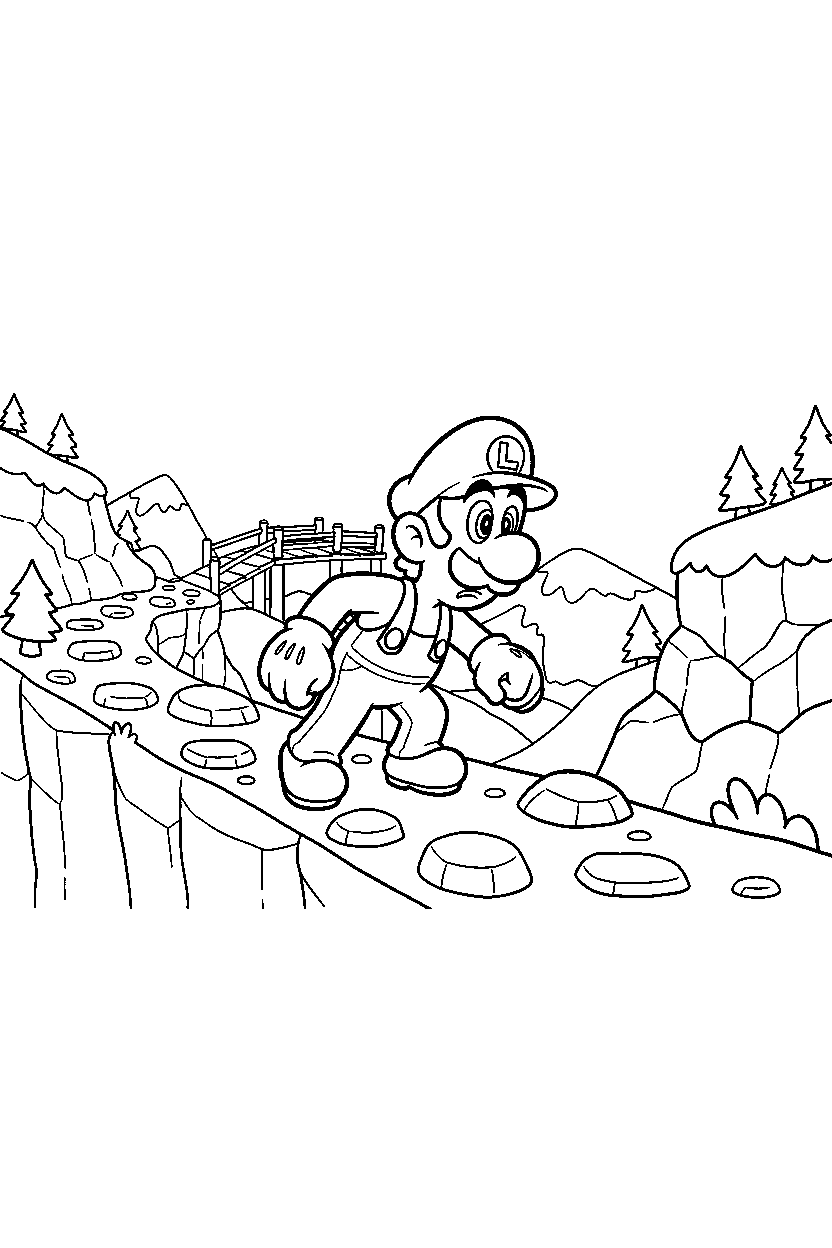 luigi walking carefully on a mountain level line art
