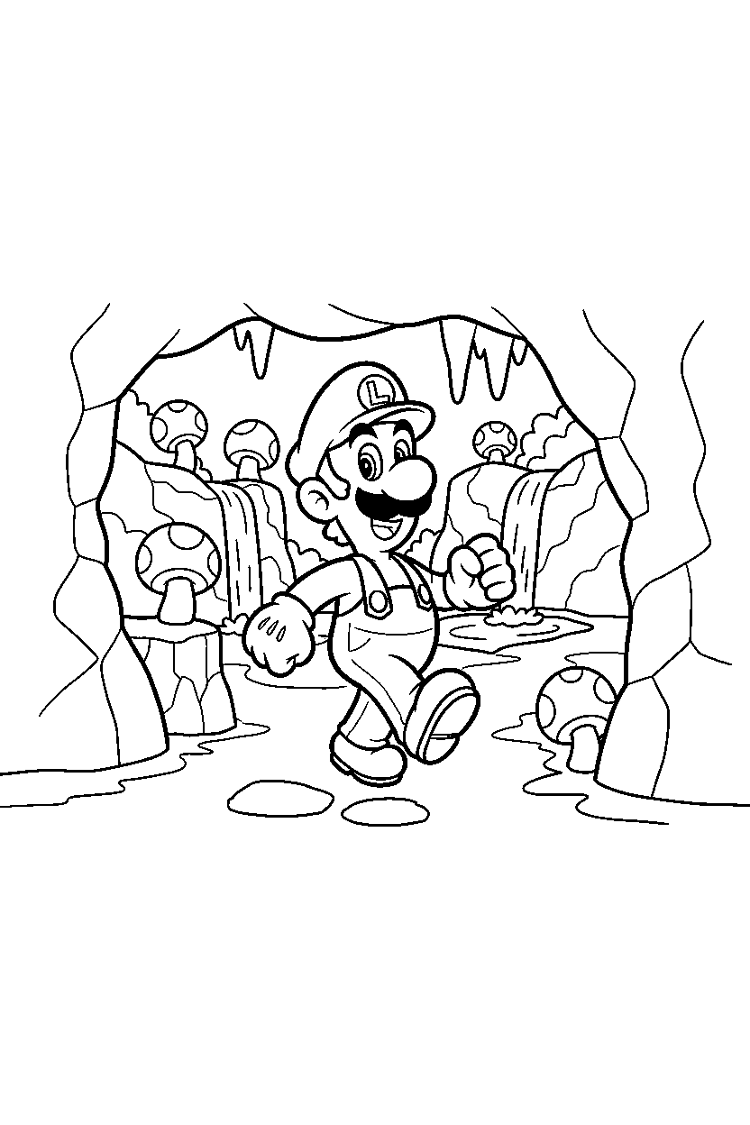 luigi walking happily in a hidden cave line art
