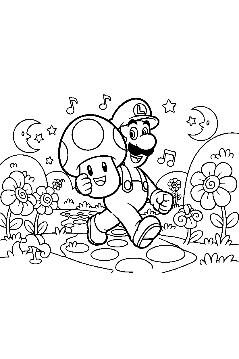 luigi walking happily in a magical world line art