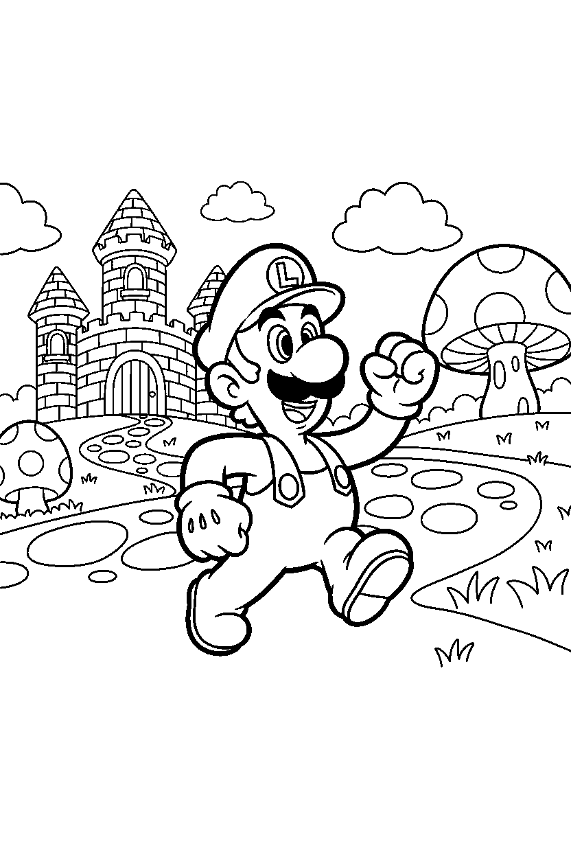 luigi walking proudly in a bright adventure land line art