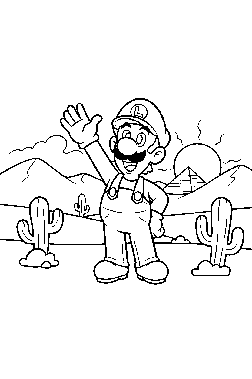 luigi waving happily in a desert level line art