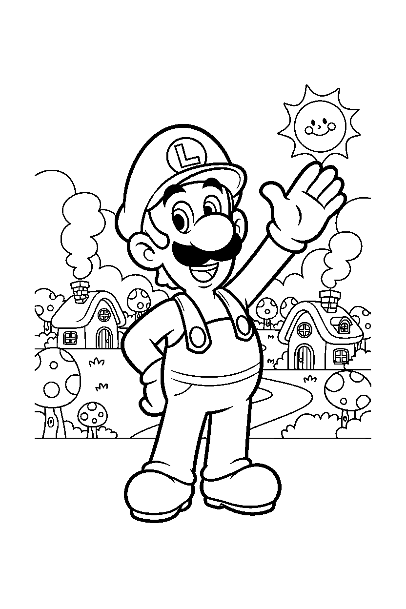 luigi waving happily in a peaceful village line art