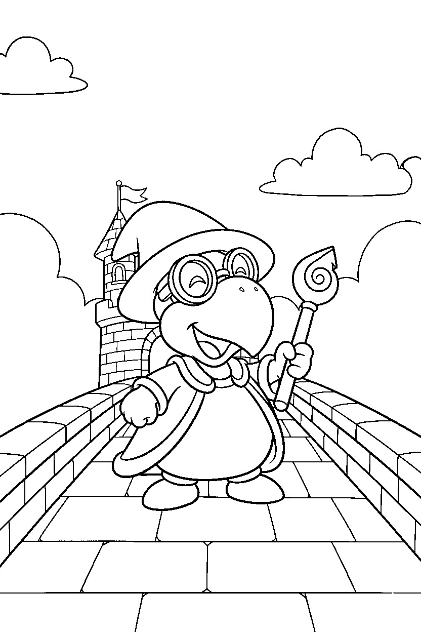 magikoopa looking happy on a castle bridge line art