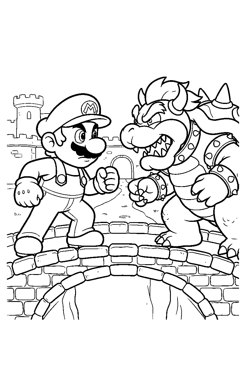 mario and bowser facing off on a castle bridge line art