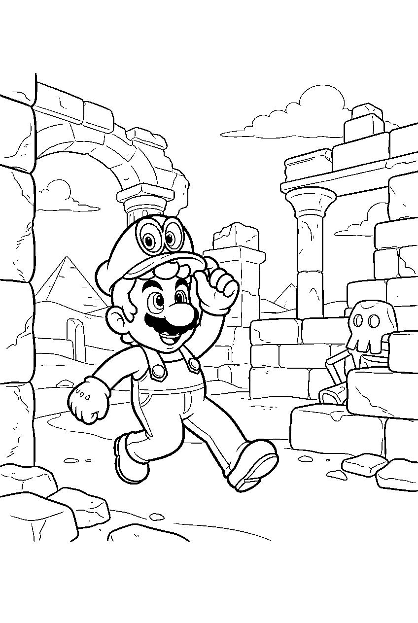 mario and cappy exploring the sand kingdom ruins line art