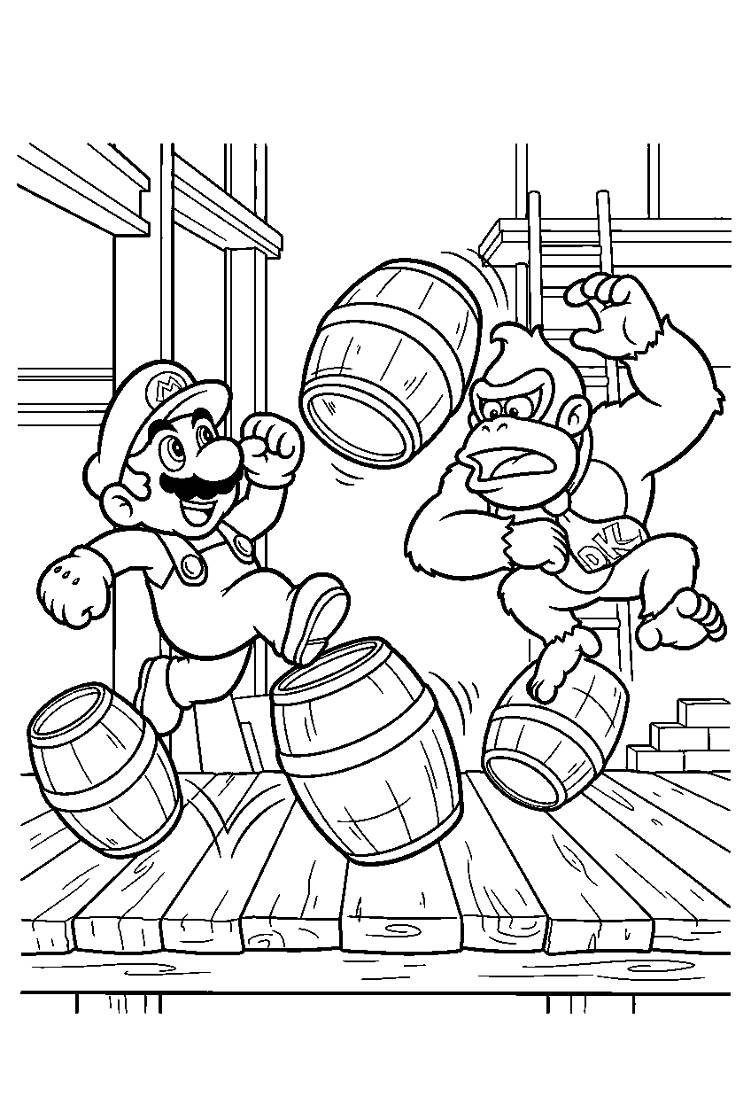 mario and donkey kong dodging barrels at a construction site line art