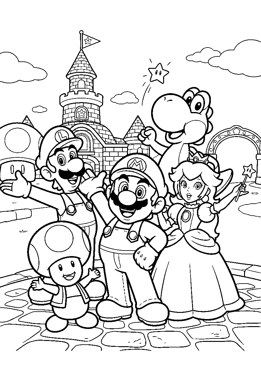 mario and friends celebrating in the mushroom kingdom plaza line art