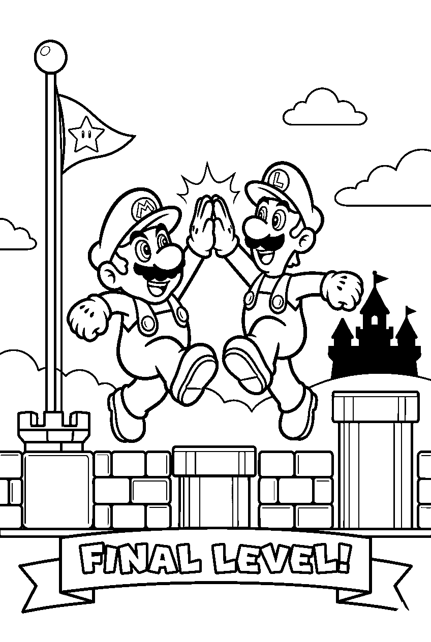 mario and luigi cheering on a final level platform line art