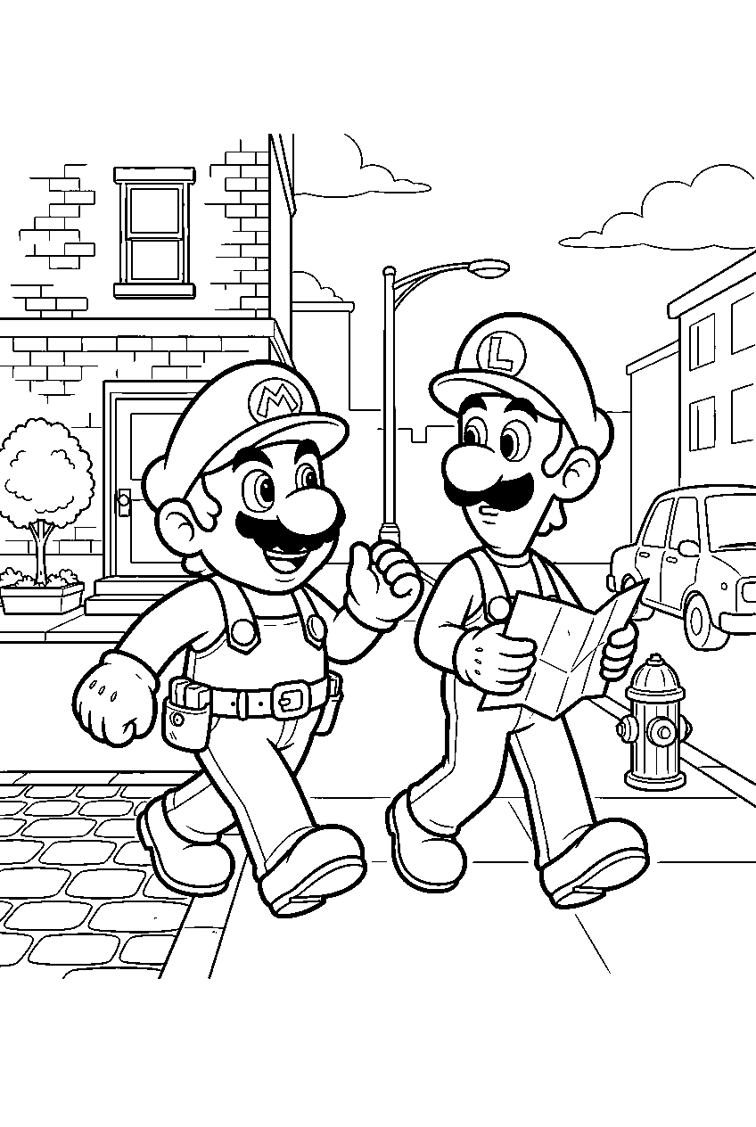 mario and luigi exploring a brooklyn street in the super mario bros movie line art