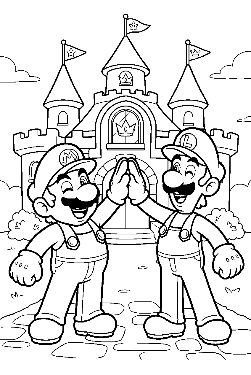 mario and luigi high fiving outside peach s castle line art