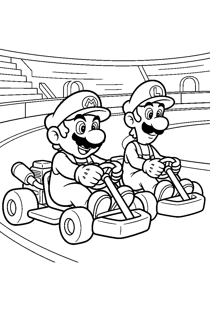 mario and luigi racing karts inside a stadium line art