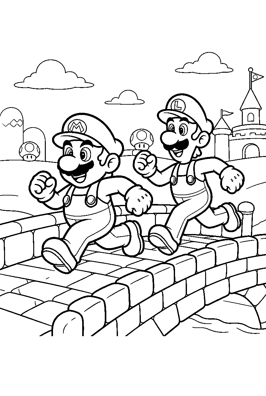 mario and luigi running across a brick bridge in the mushroom kingdom line art