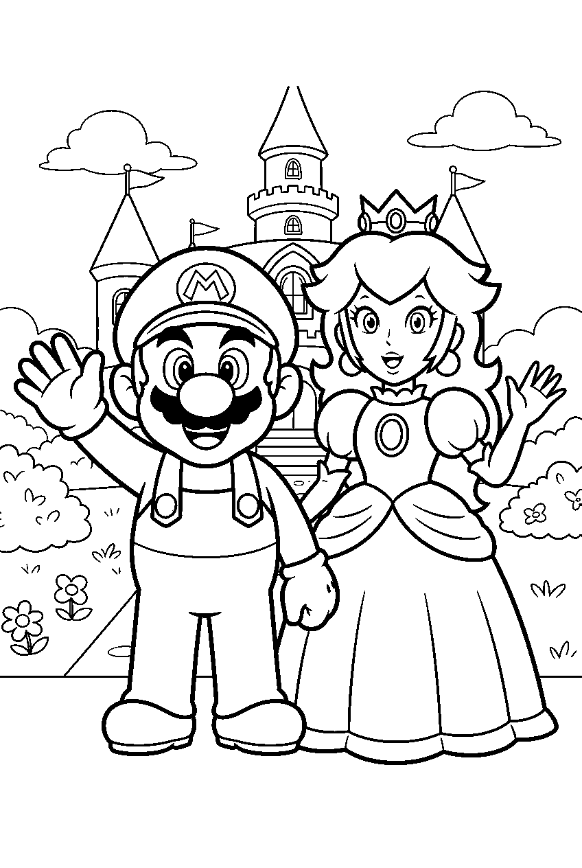 mario and princess peach waving in the castle garden line art