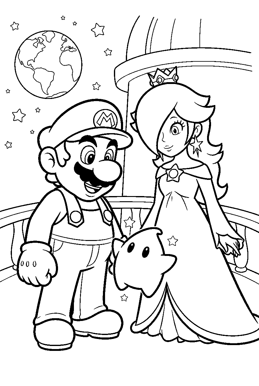 mario and rosalina watching a luma at the comet observatory line art