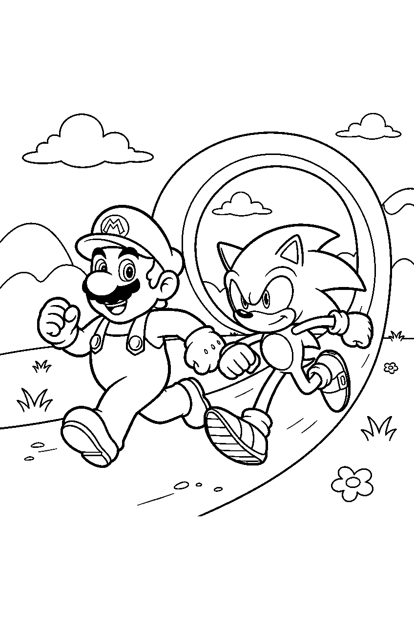mario and sonic racing through a looped grassland line art