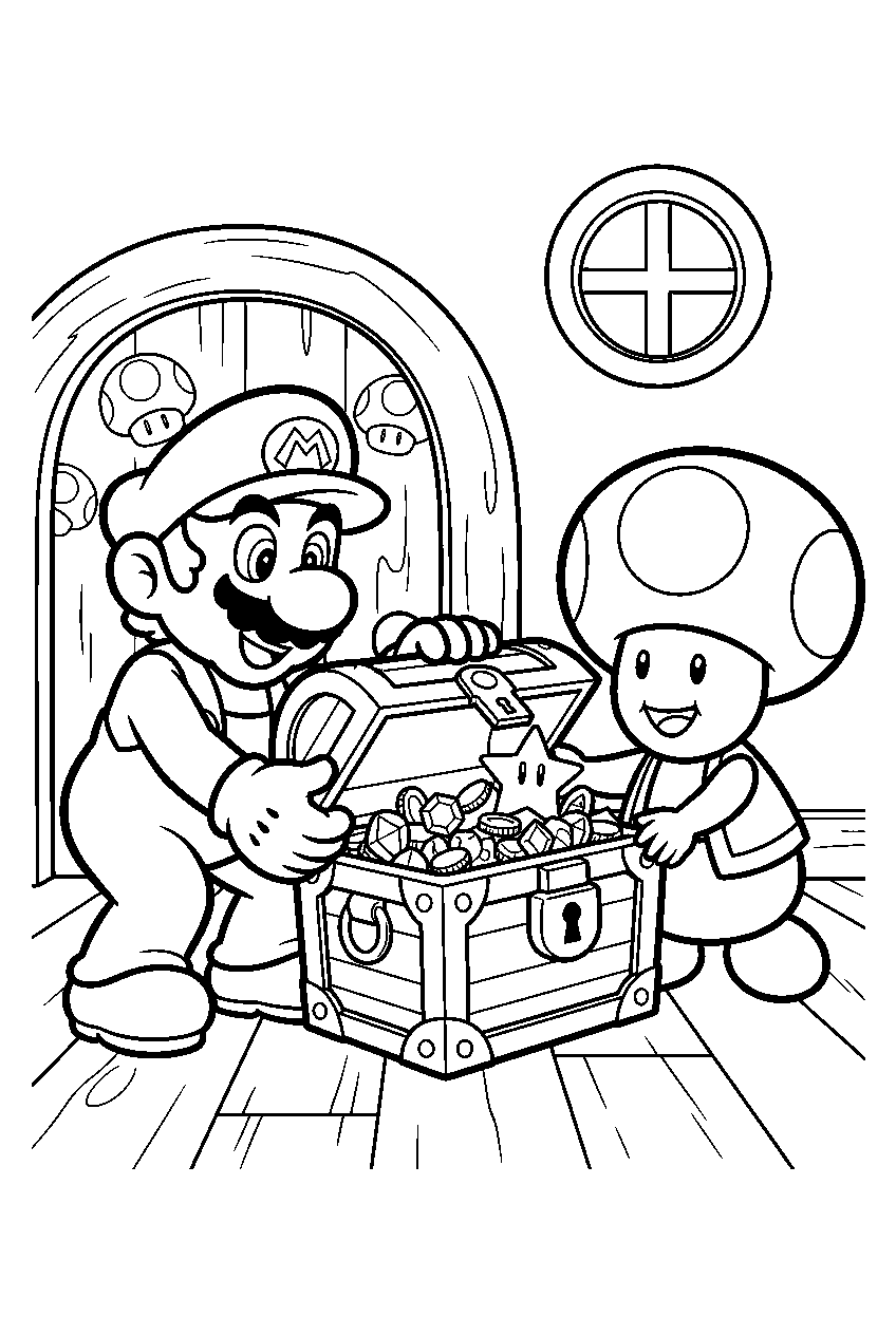 mario and toad opening a treasure chest inside a toad house line art
