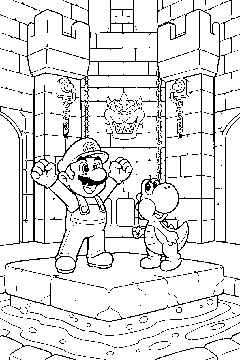 mario and yoshi looking excited inside bowser castle line art
