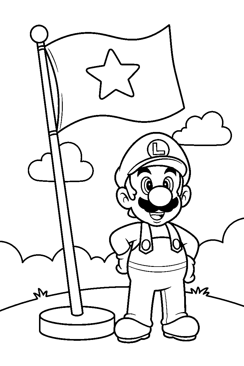 mario baby luigi standing confidently by flagpole line art