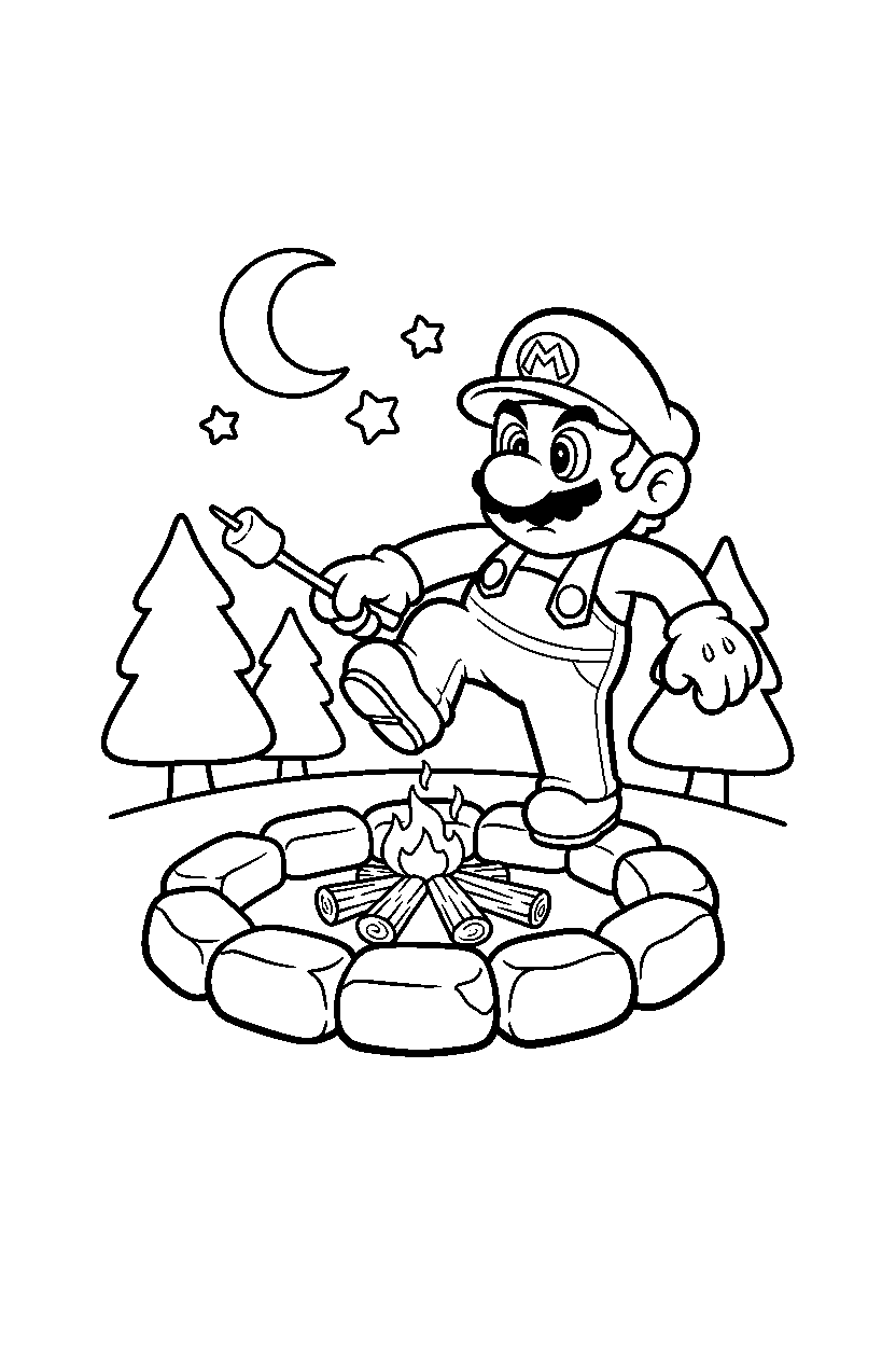 mario balancing at campfire spot line art