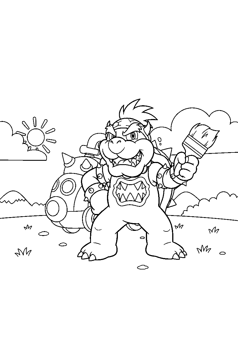 mario bowser jr standing confidently in open field line art