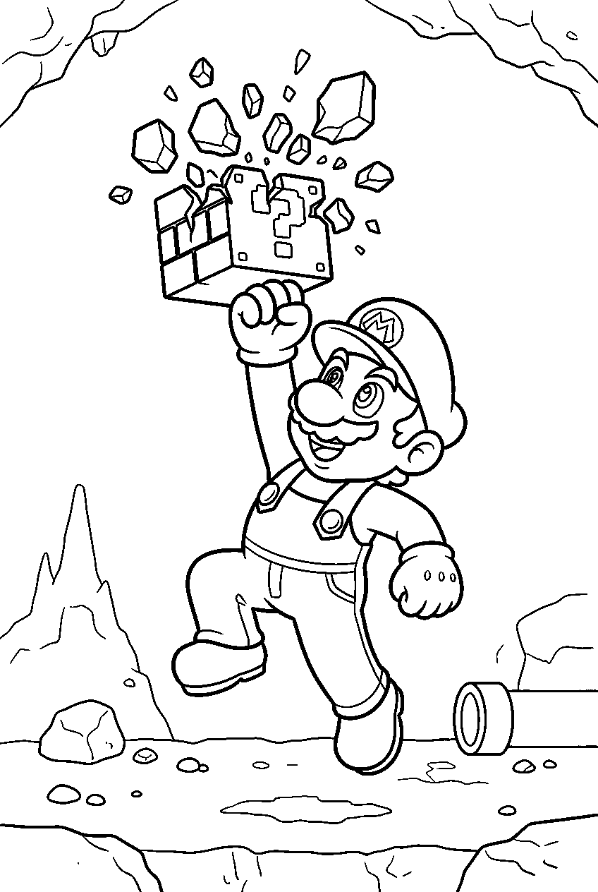 mario breaking a brick block in an underground level line art