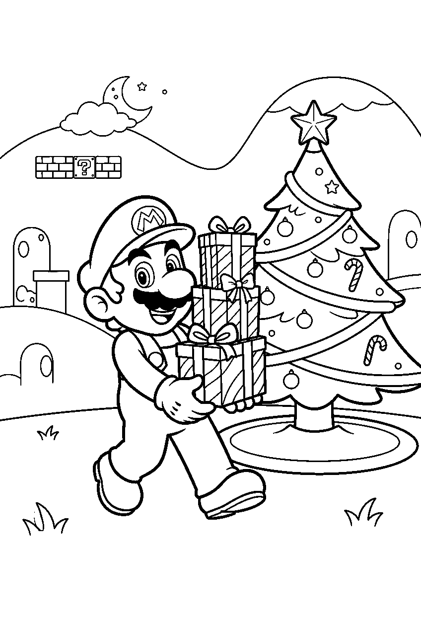 mario carrying presents beside a christmas tree in the mushroom kingdom line art