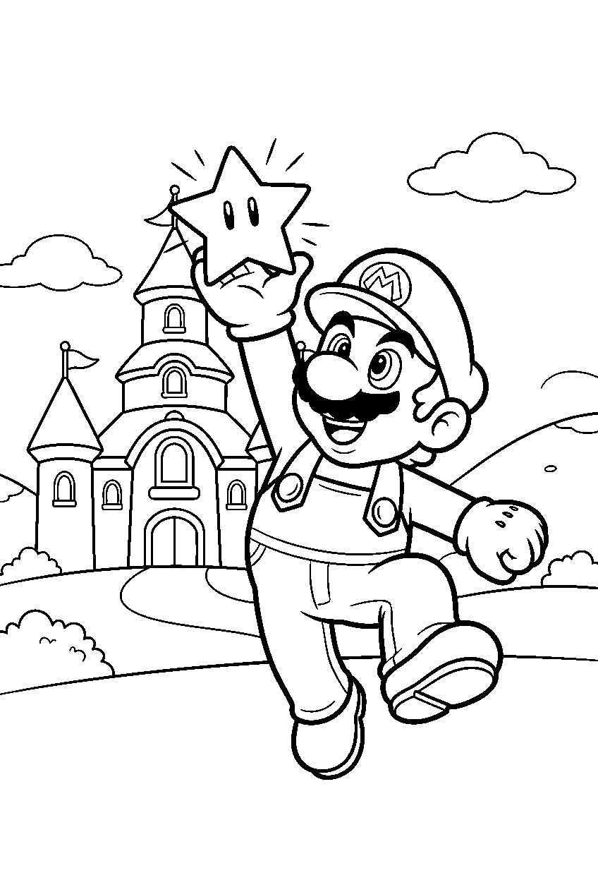 mario catching a super star near peach s castle line art