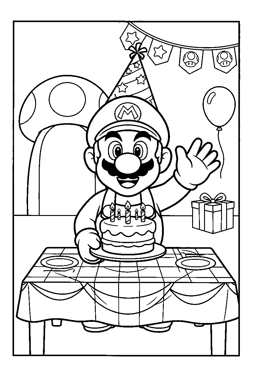 mario celebrating a birthday with cake in a mushroom kingdom party room line art