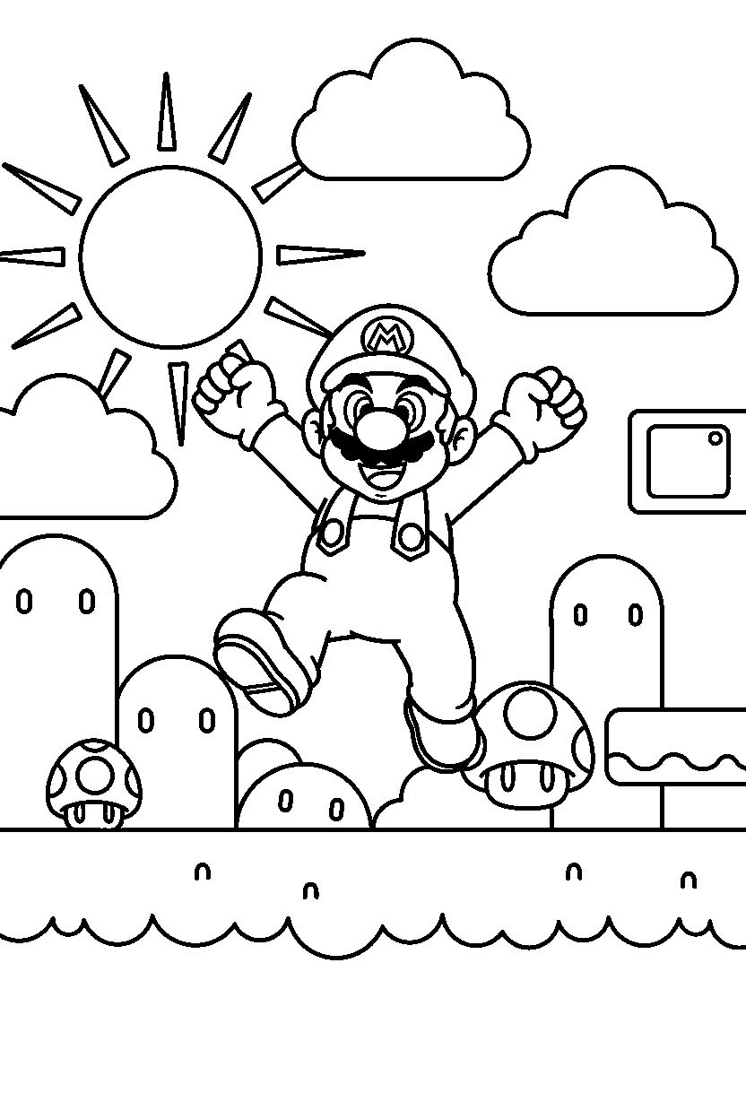 mario celebrating adventure in a grassy level line art
