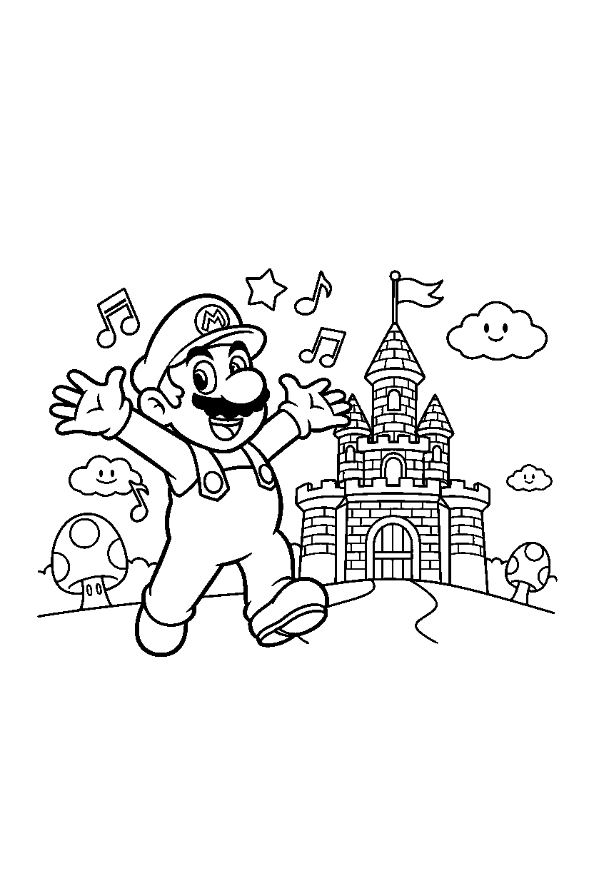 mario celebrating adventure near a castle line art