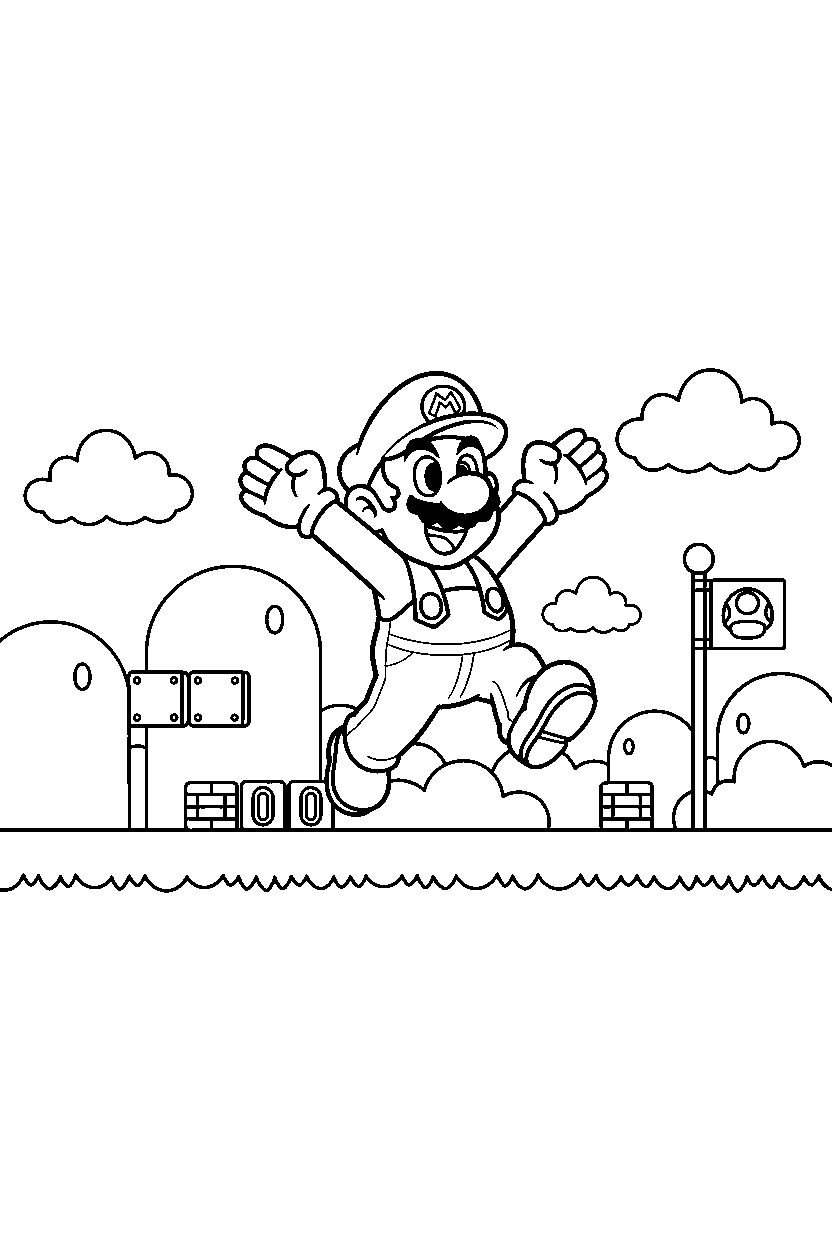 mario celebrating happily in a grassy level line art