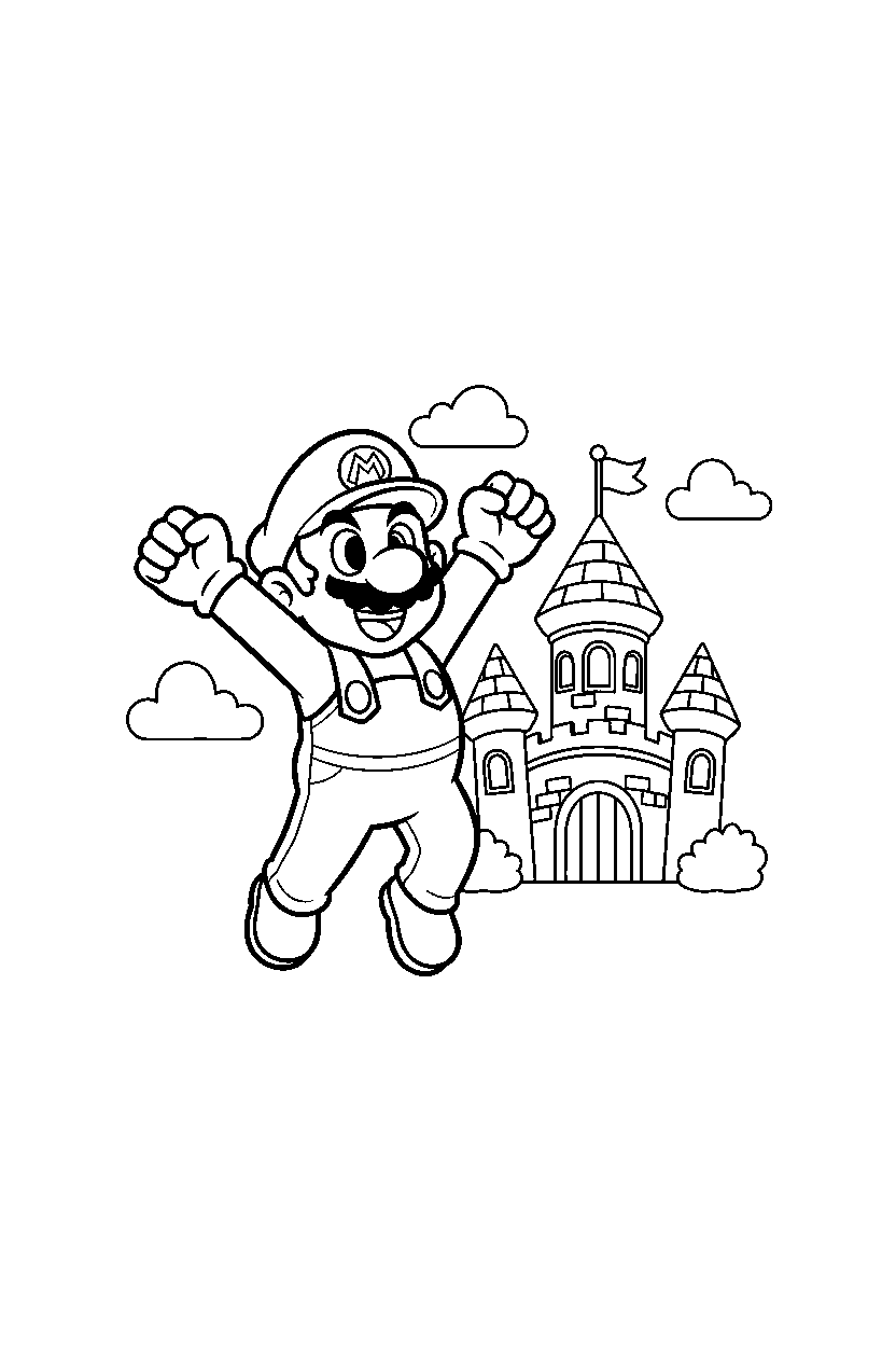 mario celebrating happily near a castle line art